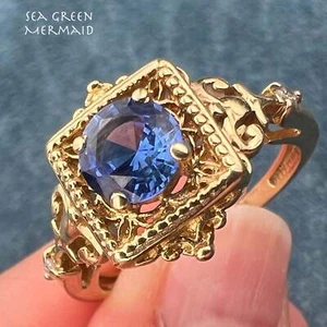 14k Yellow Gold Lab Cornflower Blue Sapphire Ring. Etruscan - Picture 1 of 12