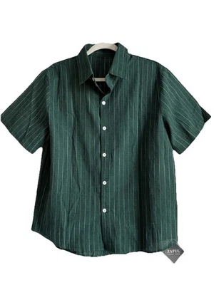 Camisa Zaful Para Hombre Pequeña Verde Blanca Rayas Verticales Manga Corta Abotonada NUEVA Foto 1 de 4