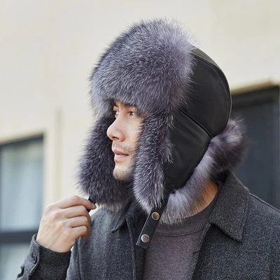 Sombrero de piel de mapache real para hombre sombrero de trampero ruso Ushanka cuero real cálido gorra de esquí Foto 1 de 4