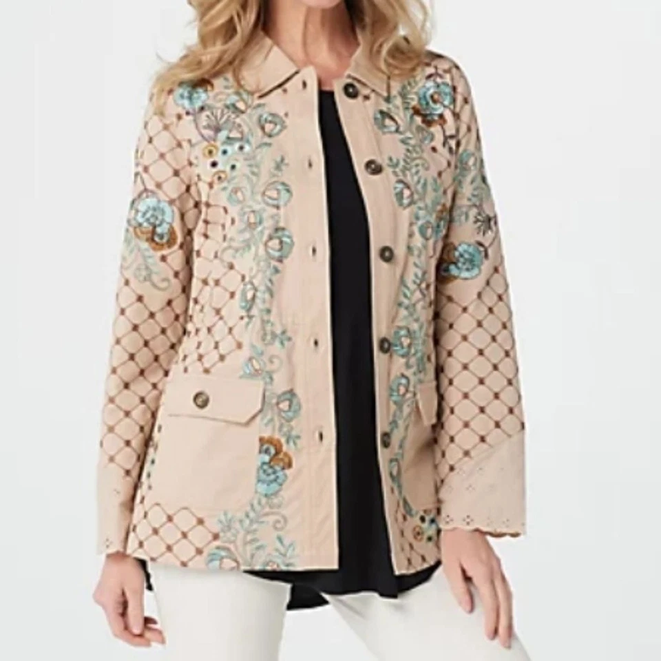 LOGO Lavish by Lori Goldstein Embroidered Tan Boy Friend Jacket. L - Image 1 of 4
