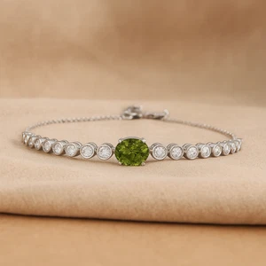 Women 925 Sterling Silver Bracelet with Peridots & Diamonds #1009 - Picture 1 of 6