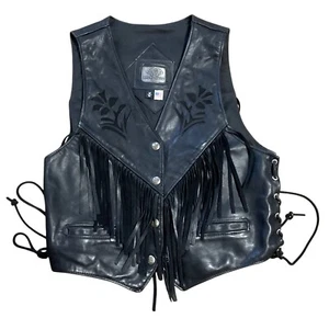 BLACK LEATHER BIKER VEST SZ M LACE UP SIDES w/ FRINGE & FLORAL ACCENTS WOMENS - Picture 1 of 6