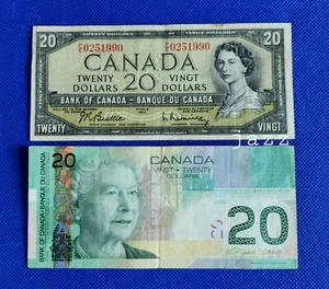 Billete de 20 dólares de Canadá 1954 y 2004 billetes de 20 dólares raro papel moneda canadiense - Imagen 1 de 2