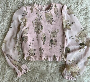 Aritzia Wilfred Tempest Smocked Blouse Sandy Pink Beige Floral Chiffon S NWOT - Picture 1 of 11
