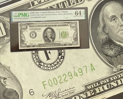 1934 $100 Atlanta Federal Reserve Note PMG 64 EPQ Fr#2152 2152F Light Green Rare - Image 1 of 3