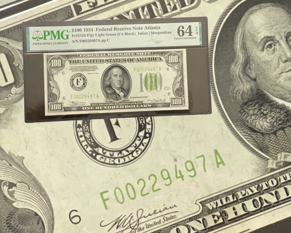 1934 $100 Atlanta Federal Reserve Note PMG 64 EPQ Fr#2152 2152F Light Green Rare - Image 1 of 3