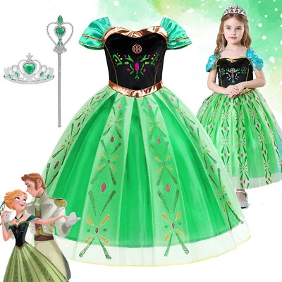 Girls Anna Costume Princess Fancy Dress up Lace Outfit Party Clothing Wand Crown - Image 1 of 4