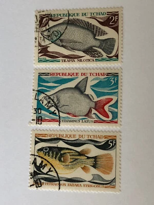 Lote de 3 estampillas vintage Tchad 1969 Fish Scott # 218-21 Foto 1 de 2