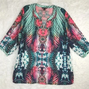 Tribal Womens Top Blouse Half Sleeve Notched Geometric Blue Multicolor Plus 1X - Picture 1 of 13