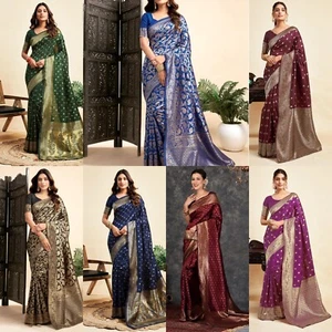 Sari de seda suave Banarasi para mujer seda pura con pieza blusa sin costuras - Imagen 1 de 64