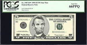 1999 $5 Federal Reserve "Star" Note PCGS 66PPQ. Premium Paper Quality - Picture 1 of 2