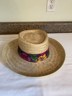 Straw Hat with Fabric Flowered Band Unisex 7" x 8" Opening - Image 1 of 4