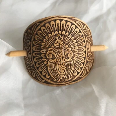 Etsy Peacock russian birch Leather hair slide with wooden stick - Image 1 of 3