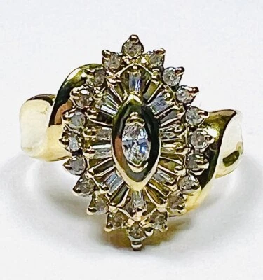 10K Yellow Gold Diamond Marquise Cluster .42 TCW Ring Size 7 - Imagem 1 de 4