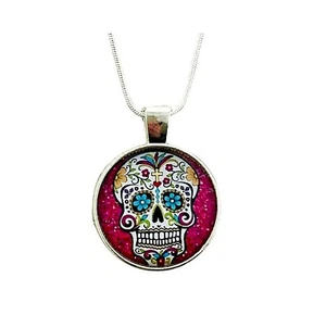 Necklace Sugar Skull Pink Muertos Domed Cabochon Glass 20" Sterling Silver Chain - Picture 1 of 4