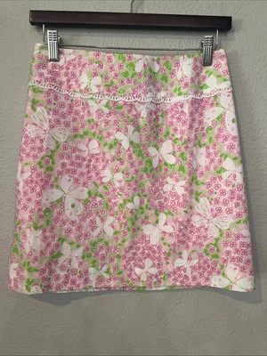 Falda Lilly Pulitzer ROSA/VERDE Mariposas Flores Encaje TALLA 0 Foto 1 de 4
