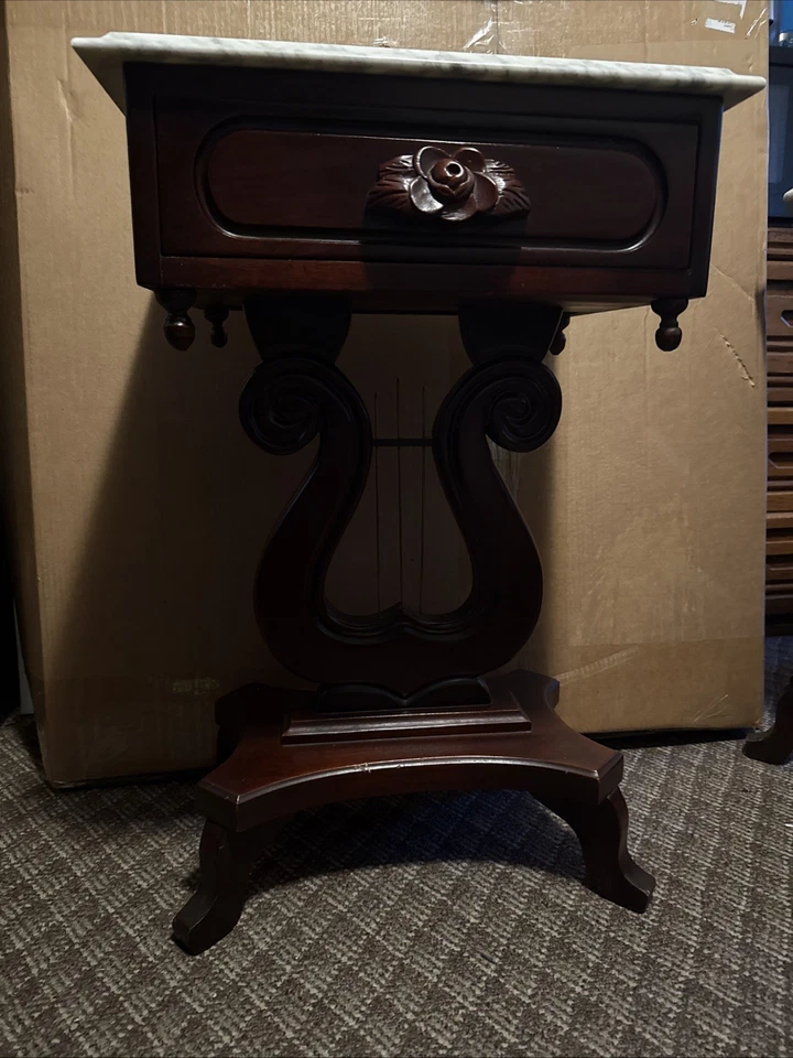 Vintage Mahogany Lyre Marble Top End Table Italy Mark Local Pickup - Image 1 of 4