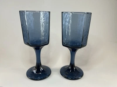 MCM Vintage Libbey Glass Facets Cobalt Wine Glasses Goblets 6 1/4” Tall Set of 2 - Image 1 of 4