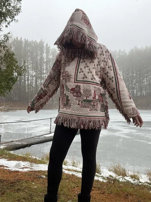 Christmas Sweater M Handmade Upcycled Woven Cotton Tapestry By Rose Valley Craft - Image 1 of 4