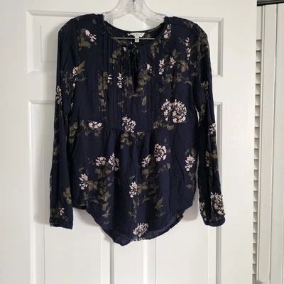 Lucky Brand Peasant Blouse Blue Floral Long Sleeve Tasseled V-neck Womens Medium - Image 1 of 4