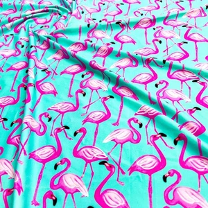 Pink Flamingos Aqua background 4way Stretch Fabric Swimsuit 60"wide By the Yard - Picture 1 of 5