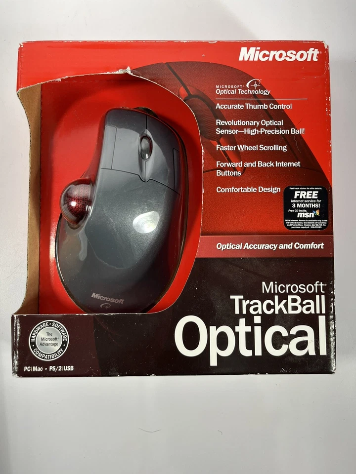 Vintage Microsoft TrackBall Optical Mouse Comfort PC Mac X08-70346 D67-00001 New - Image 1 of 4