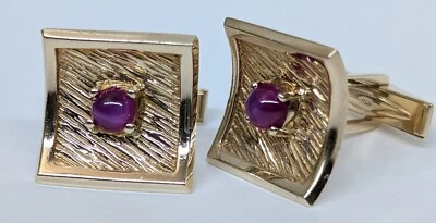 Vintage Solid 14k Yellow Gold 5mm Pink Star Ruby Concave Square Cufflinks - Image 1 of 4