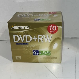 Memorex DVD+RW 10 Pack 4X 4.7 GB 120 min Blank Media Storage Brand New - Picture 1 of 3