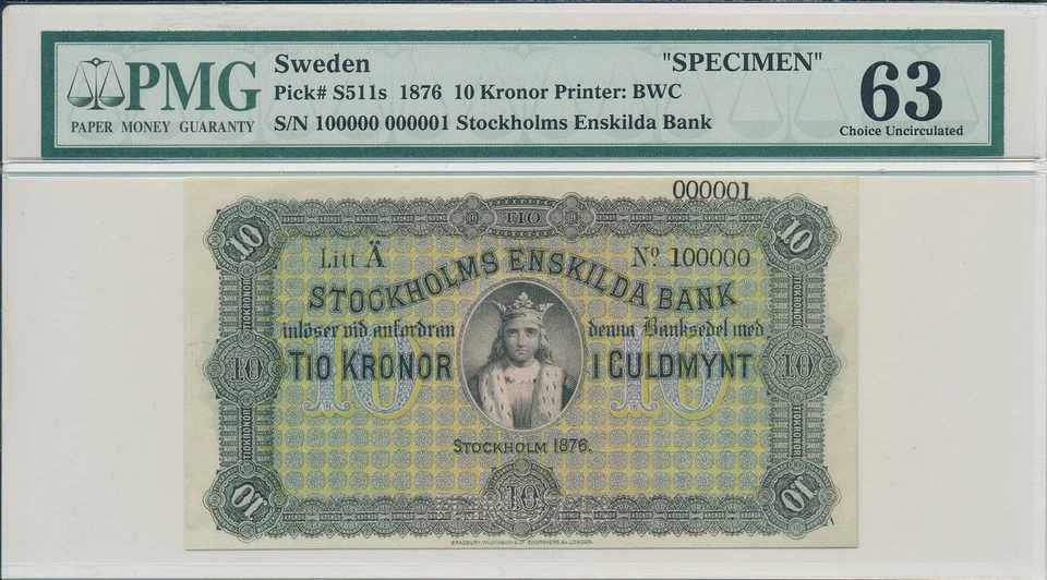 Stockholms Enskilda Bank Suécia 10 coroas 1876 espécime PMG 63 - Imagem 1 de 3