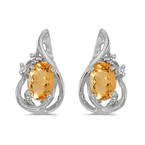 14k White Gold Oval Citrine And Diamond Teardrop Earrings - Picture 1 of 2