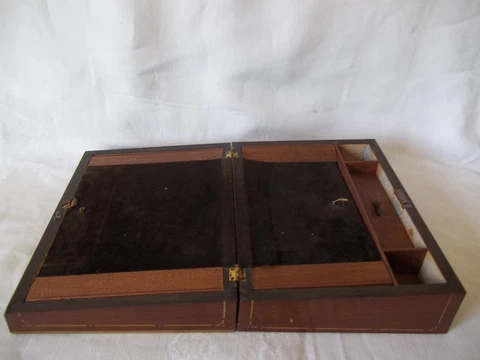 Antique Wood Travel Slope Writing Lap Desk Document Box Case Brown felt Cover