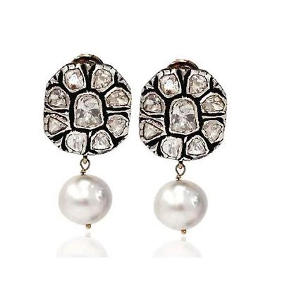 2.83ct Rosa Taglio Diamante Ossidato Perla Orecchini Pendenti 925 Argento - Immagine 1 di 4