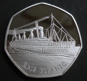 RMS TITANIC WHITE STAR LINE Novelty Silver-plated Proof-like 50p shape medallion - Picture 1 of 3