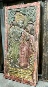 Vintage Carving Krishna Radha BarnDoor Panel Old World Elements Wall Sculpture