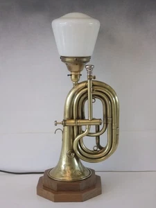 Upcycled Vintage Brass Bugle (circa 1910) table lamp with Art Deco glass shade - Picture 1 of 7