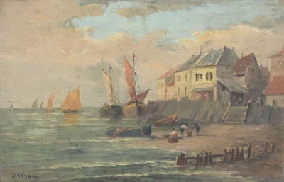 PORT BRETON bateaux pêche ORTIOU mer voilier marine peinture tableau BRETAGNE - Photo 1/3