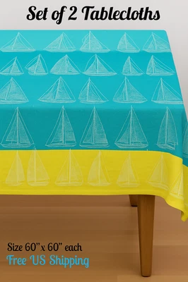 Cotton Tablecloth Boat Design Multicolor 60" x 60" Set of 2 - Image 1 of 4