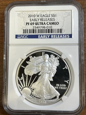 American Silver Eagle 2010-W prueba $1 NGC PF69 lanzamientos tempranos etiqueta azul Foto 1 de 4