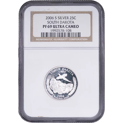 2006-S Silver South Dakota State Quarter - Proof ~ NGC PF 69ULTRA CAMEO - Image 1 of 2