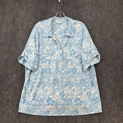 Coral Bay Women’s Plus Size 2 Blue & White Floral Top Collared Tropical Resort - Image 1 of 4