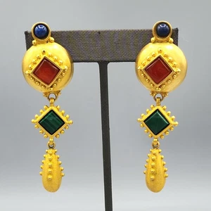 Leslie Block Lapis Malachit matt goldfarben etruskische Ohrhänger Ohrhänger Clip Ohrringe - Bild 1 von 10