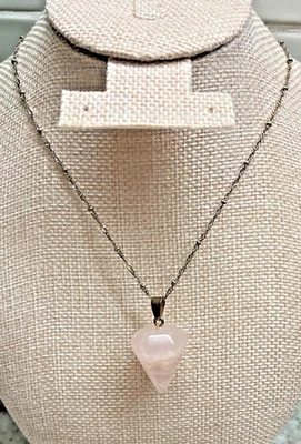 Healing Pink Faceted Rose Quartz Pendulum Pendant Necklace Gold Tone VTG 17” - Image 1 of 4