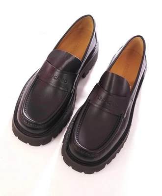 $995 FERRAGAMO - Leather Black "FERGAL" Lug Sole Loafers - 9.5 EE - Image 1 of 4