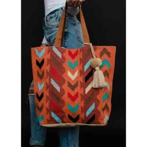 PANACHE APPAREL ORANGE & MULTICOLORED AZTEC TOTE (WOVEN 398)-SUMMER 2024 - Picture 1 of 3