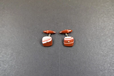 antike Manschettenknöpfe mit Streifanachat rot/weiss, Jugendstil um 1900 - Bild 1 von 2