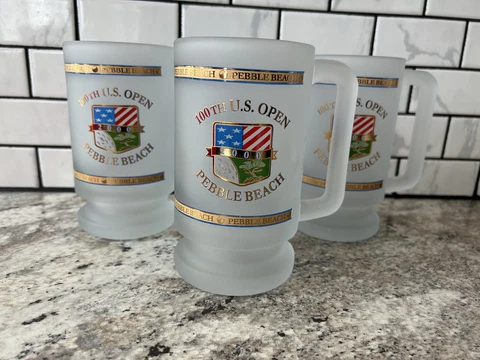 Vintage 100th US Open Pebble Beach golf tournament frosted glass mugs 2000 Cover