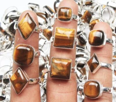 Lote anillo Energy ojo de tigre piedras preciosas enchapado en plata de ley 925 diseño al por mayor Foto 1 de 3