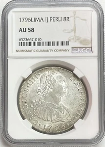 1796 LIMA IJ SILVER PERU 8 REALES CHARLES IV COIN LIMA MINT NGC ABOUT UNC 58 - Picture 1 of 2