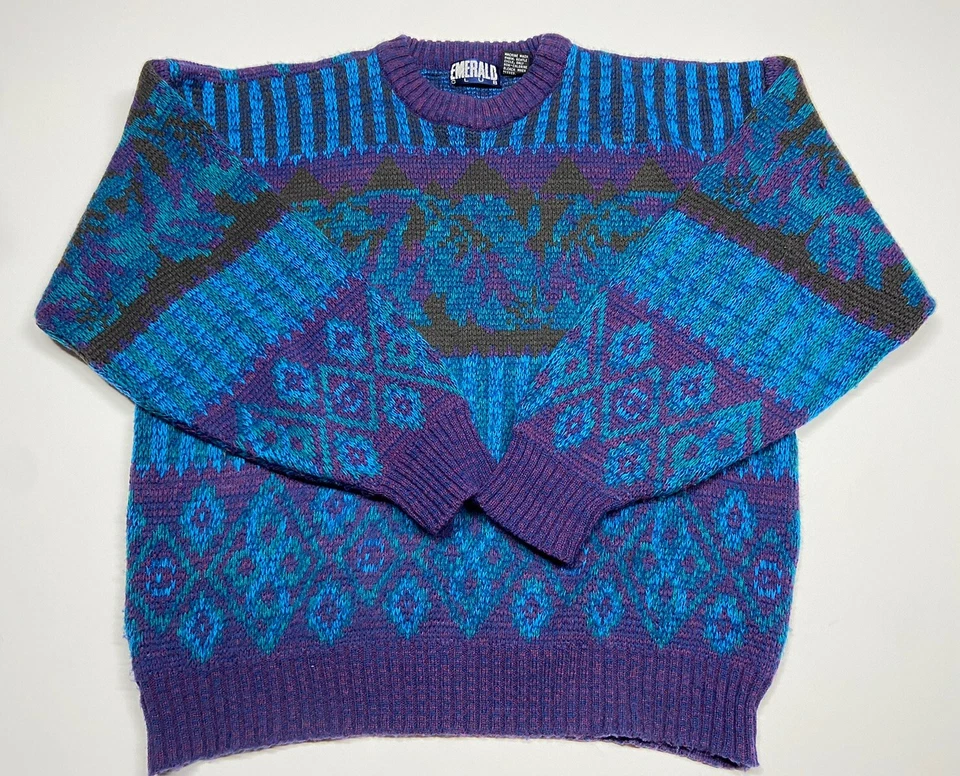 Vintage 90s Emerald club Geometric sweater pullover crew neck Purple size large - Image 1 of 4