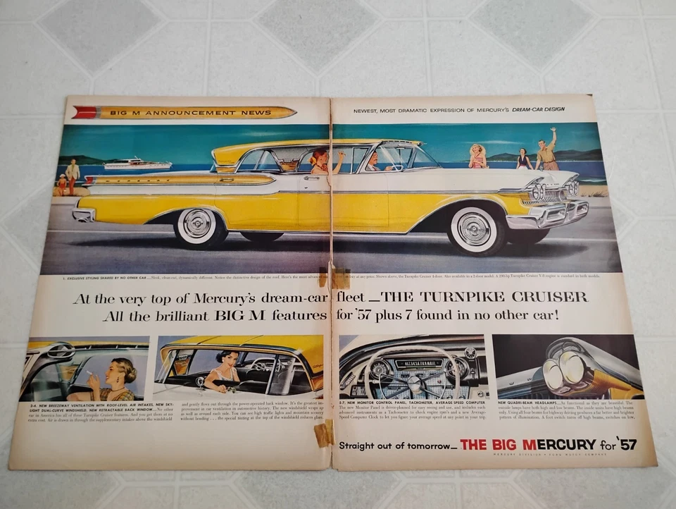 1957 Big MERCURY, Yellow & White Hard-Top, Turnpike Cruiser V-8, 2-Page Print Ad - Image 1 of 1